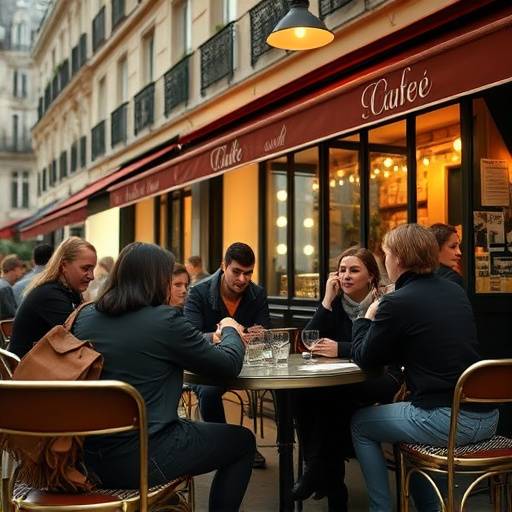 Étudiants discutant d'un film dans un café parisien, ambiance conviviale et studieuse